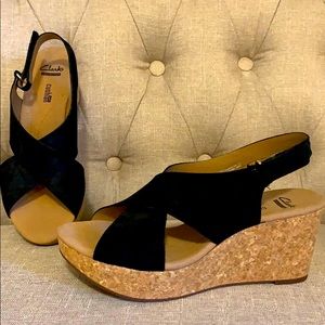 Clarks black soft cushion wedge sandals